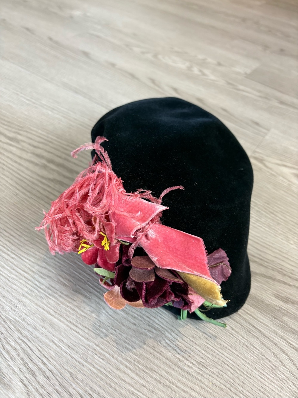 Black Velvet Women's Dress Hat with Pink Floral Accent
